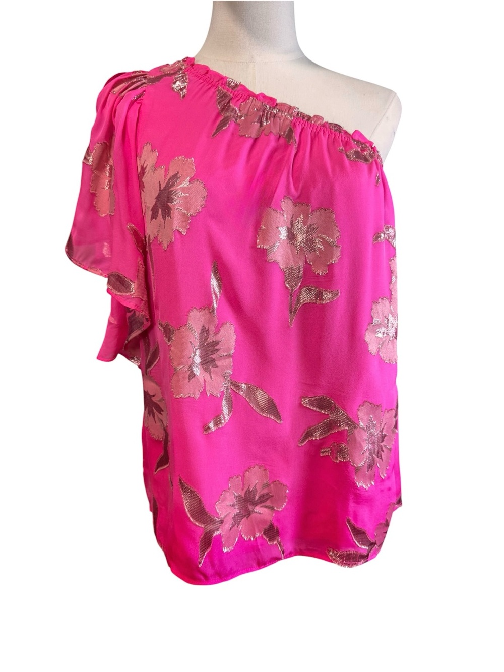 Lilly Pulitzer Sarahleigh One Shoulder Silk Metallic Blouse Roxie Pink M